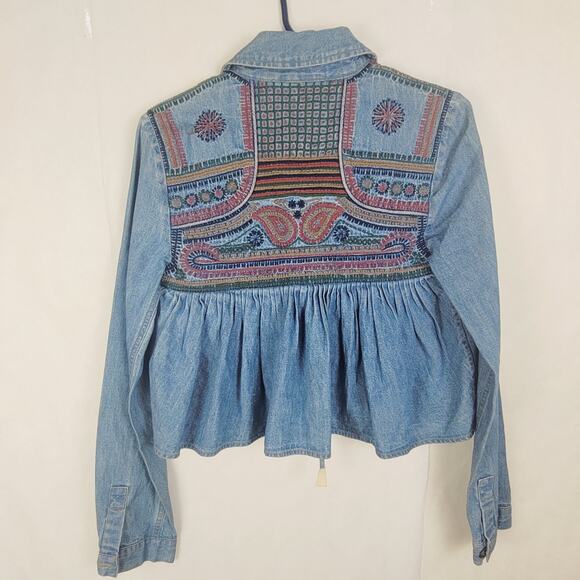 Embroidered denim front tie shacket Size XS boho western womens - Picture 3 of 9